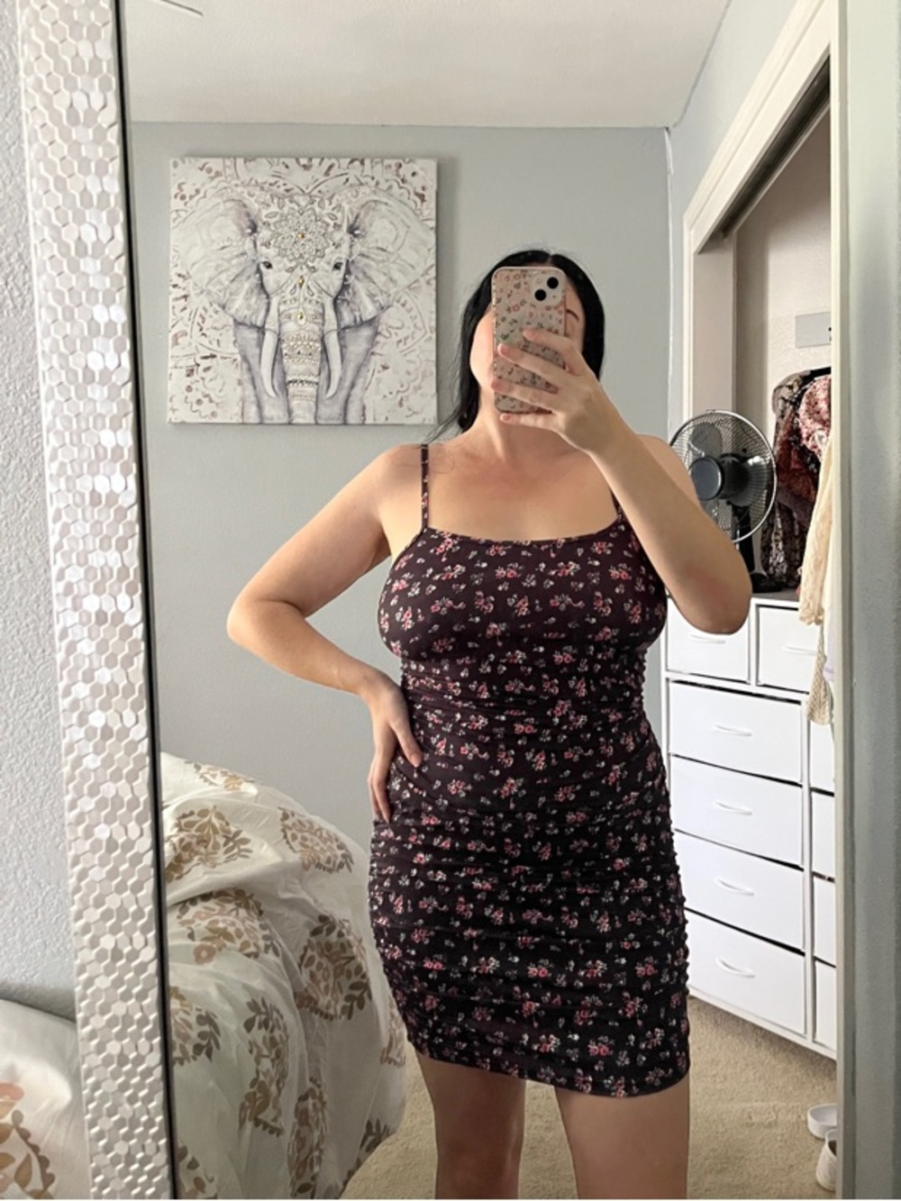 Floral Ruched Bodycon Cami Mini Dress - Black with Pink Floral M Medium